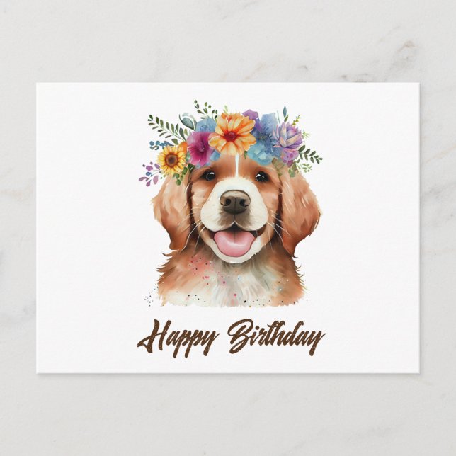 Carte Postale Joyeux anniversaire Golden Retriever Chien et Fleu (Devant)