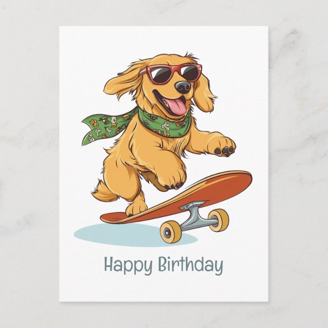 Carte Postale Joyeux anniversaire Golden Retriever Dog Skateboar (Devant)