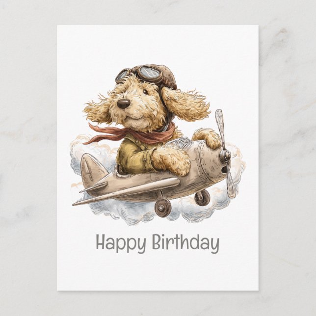 Carte Postale Joyeux Anniversaire Goldendoodle Dog Avion pilote (Devant)