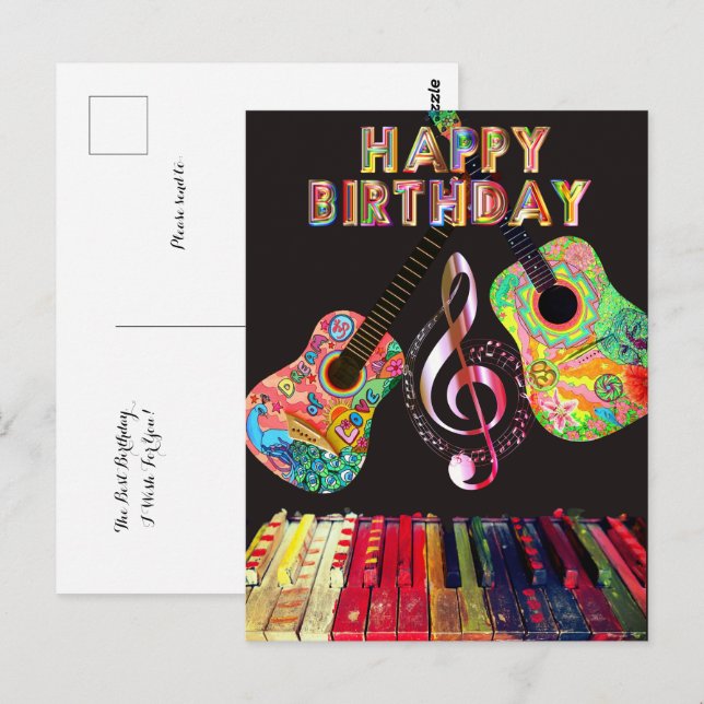 Carte Postale Joyeux Anniversaire Guitare Piano Arc-en-ciel | (Devant / Derrière)