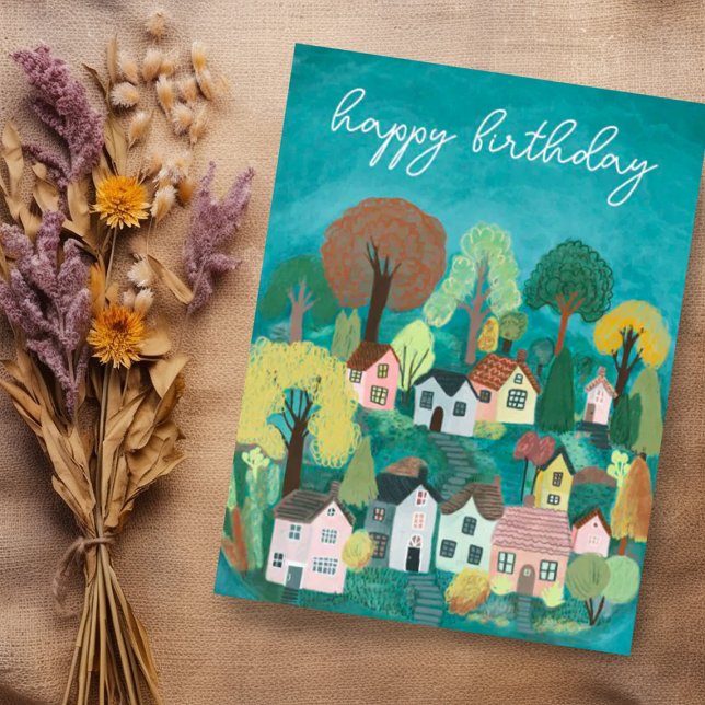 Carte Postale JOYEUX ANNIVERSAIRE Illustration de village de cam (Cute custom happy birthday postcard with charming village artwork)