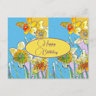 Carte Postale Joyeux Anniversaire Jonquille floral Jaune Bleu
