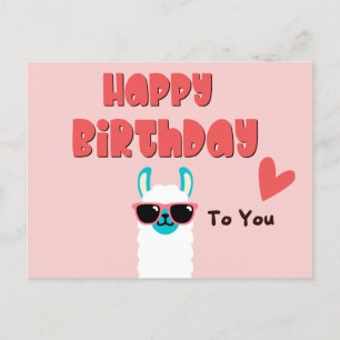 Carte Postale Joyeux anniversaire lama rose mignon avec lunettes