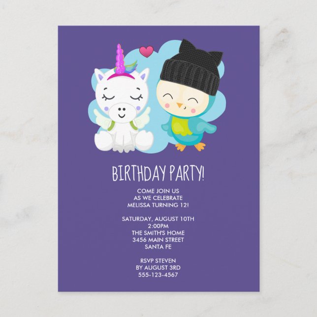 Carte Postale Joyeux Anniversaire Licorne de Dessin Animé Mignon (Devant)