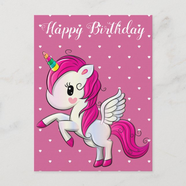 Carte Postale Joyeux anniversaire, licorne et coeurs, coutume (Devant)