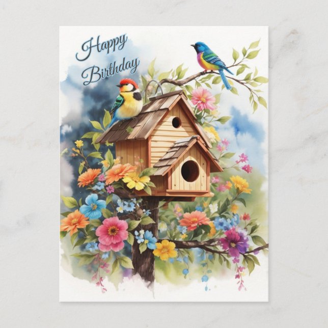 Carte Postale Joyeux Anniversaire Maisonnette Fleurie et Oiseaux (Devant)