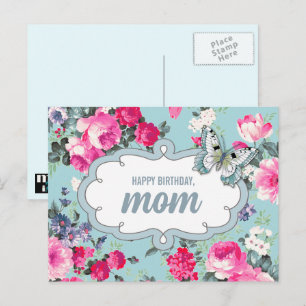 Carte Postale Joyeux anniversaire, maman. Fleurs et papillon