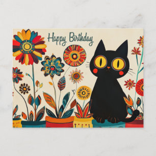 Carte Postale Joyeux Anniversaire Mignon Chat Noir avec Fleurs 