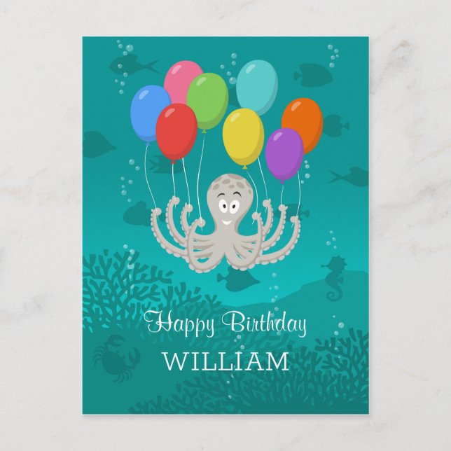 Carte Postale Joyeux Anniversaire mignon Funny poulpe Ballons de (Devant)