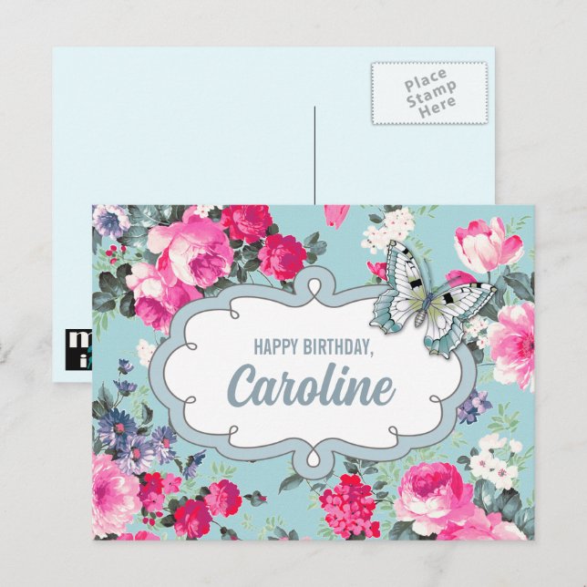 Carte Postale Joyeux anniversaire. Nom personnalisé | Fleurs et  (Devant / Derrière)