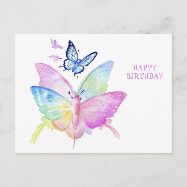 Carte Postale Joyeux Anniversaire,papillons colorés, aquarelle (Devant)