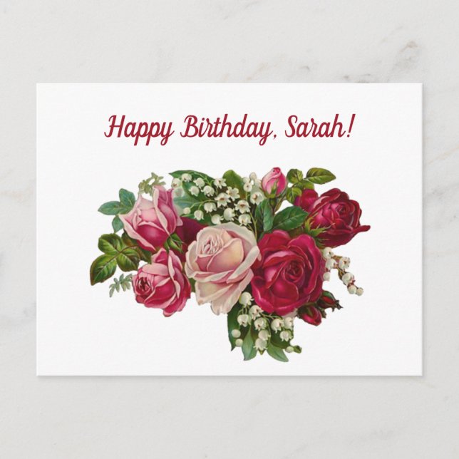 Carte Postale Joyeux Anniversaire Personnalisé Roses Rétro Vinta (Devant)