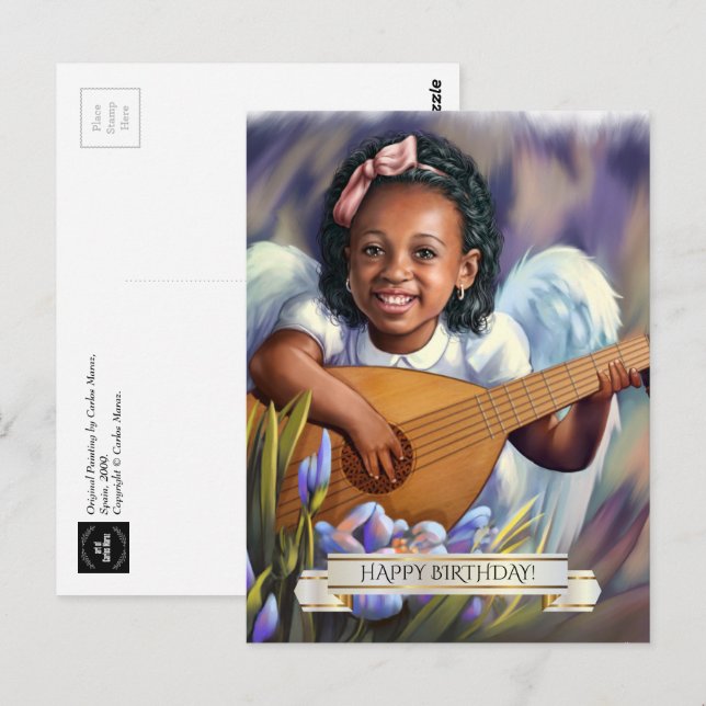 Carte Postale Joyeux anniversaire. Petit Ange avec Lute (Devant / Derrière)