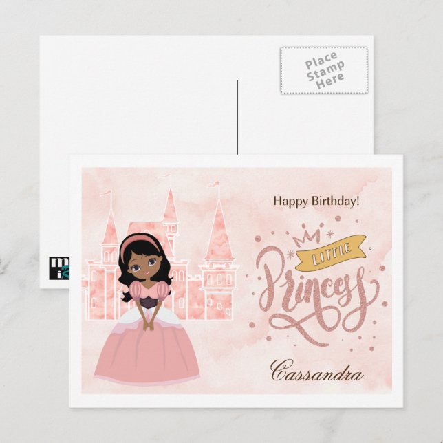 Carte Postale Joyeux Anniversaire, Petite Princesse. Nom personn (Devant / Derrière)