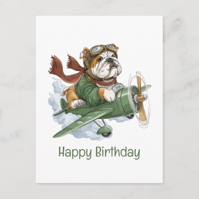 Carte Postale Joyeux Anniversaire Pilote Bulldog Anglais Avion (Devant)