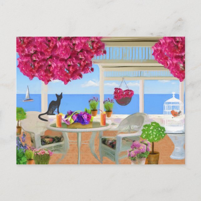 Carte Postale Joyeux Anniversaire Plage Ocean Veranda Scène (Devant)