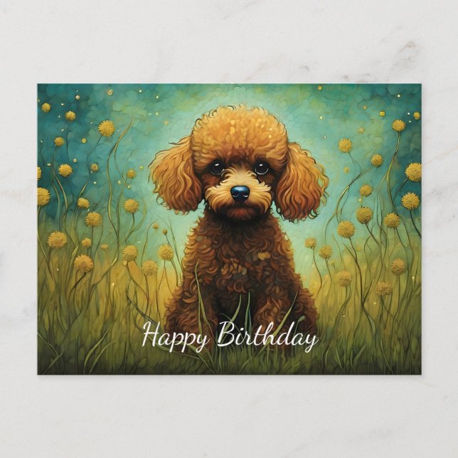 Carte Postale Joyeux Anniversaire Prairie Fleur Caniche Mignon (Devant)