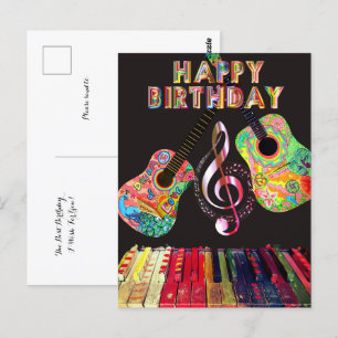 Carte Postale Joyeux anniversaire Rainbow Guitar Piano  