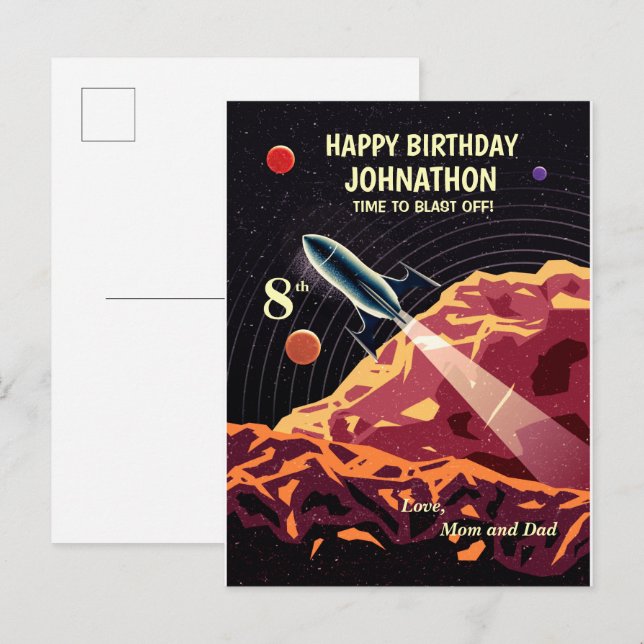 Carte Postale Joyeux anniversaire Rocket Space Universe Amusant (Devant / Derrière)