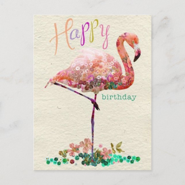 Carte Postale Joyeux anniversaire rose flamand (Devant)