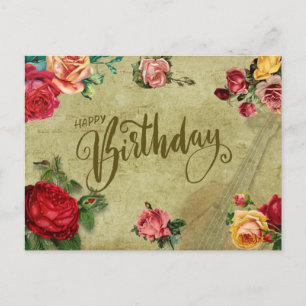 Carte Postale Joyeux Anniversaire Roses et Violon Vintage Vibran