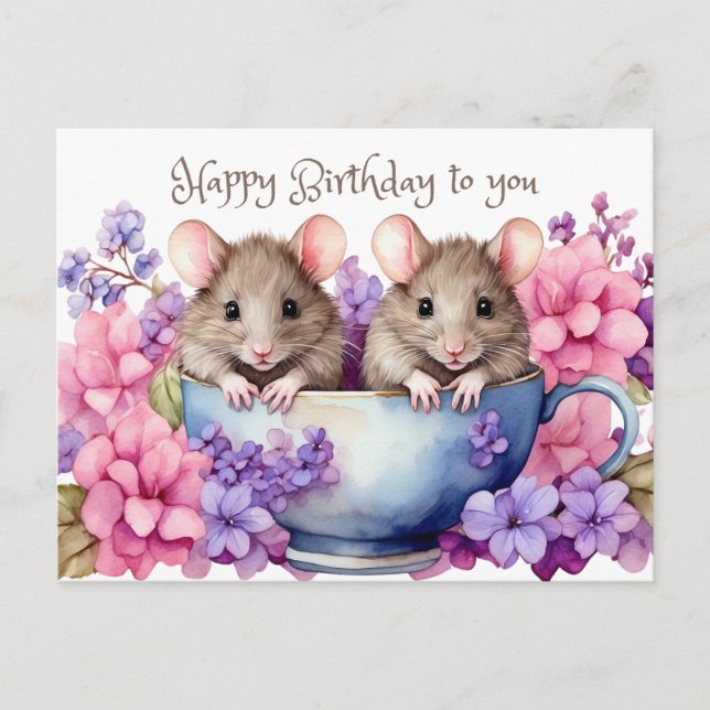 Carte Postale Joyeux Anniversaire Souris Aquarelle dans une Tass (Devant)