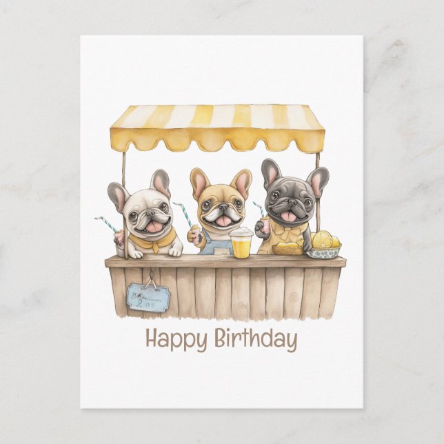 Carte Postale Joyeux Anniversaire Stand de Lemonade Bouledogues  (Devant)