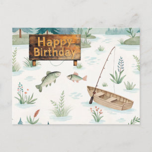 Carte Postale Joyeux anniversaire sur le thème de la pêche pour