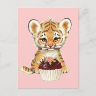 Carte Postale Joyeux Anniversaire - Tigre Mignon avec Gâteau