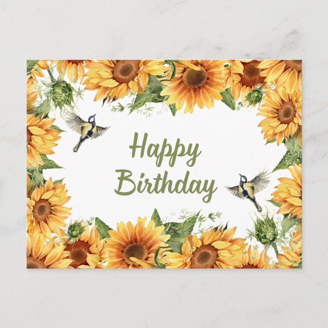 Carte Postale Joyeux Anniversaire Tournesols et Oiseaux à l'Aqua (Devant)