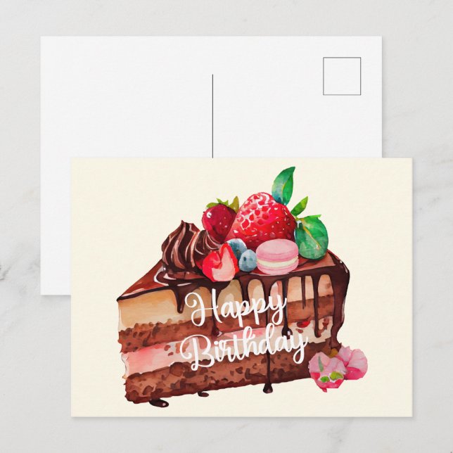 Carte Postale Joyeux Anniversaire Tranche de Gâteau au Chocolat  (Devant / Derrière)