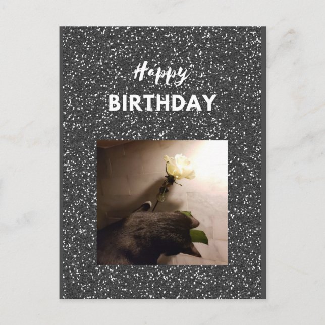 Carte Postale Joyeux anniversaire. Tuxedo chat avec un rose. (Devant)