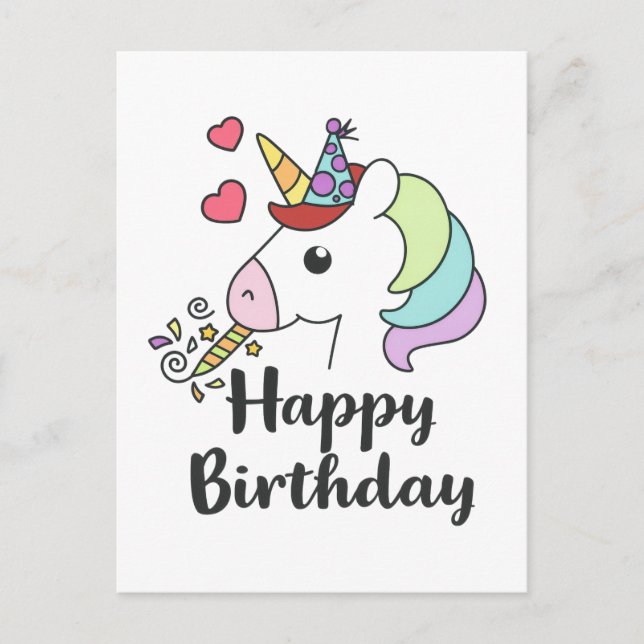 Carte Postale Joyeux Anniversaire Unicorn - Design de fête migno (Devant)