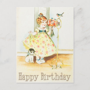 Carte Postale Joyeux anniversaire Vintage fille et chat