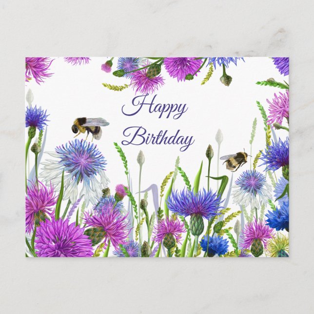 Carte Postale Joyeux Anniversaire violet, Cornouailles Bleues (Devant)