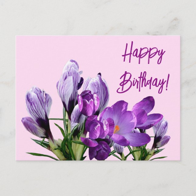 Carte Postale Joyeux Anniversaire violet crocus fleurs boho mign (Devant)