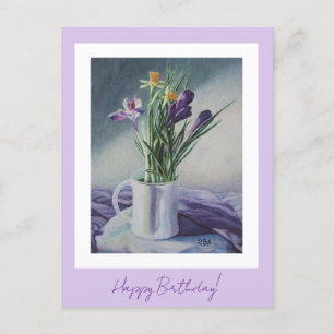 Carte Postale Joyeux anniversaire violet fleurs vintages peintur