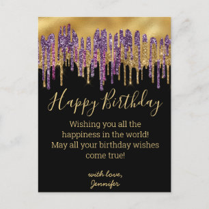 Carte Postale joyeux anniversaire violet or goutte parties scint