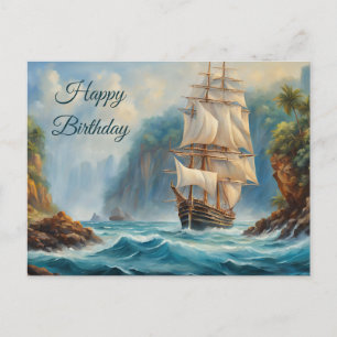 Carte Postale Joyeux anniversaire Voilier Vintage près de l'île