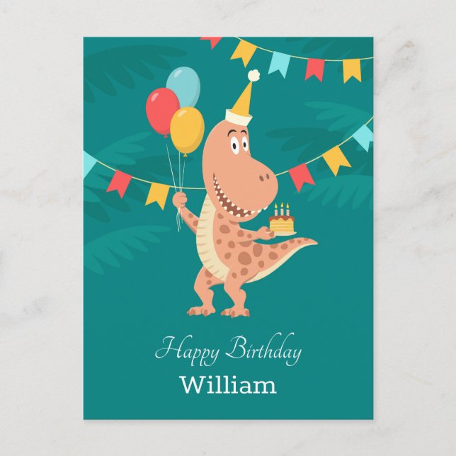 Carte postale Joyeux Balloon Cute Dinosaur au gâte (Devant)