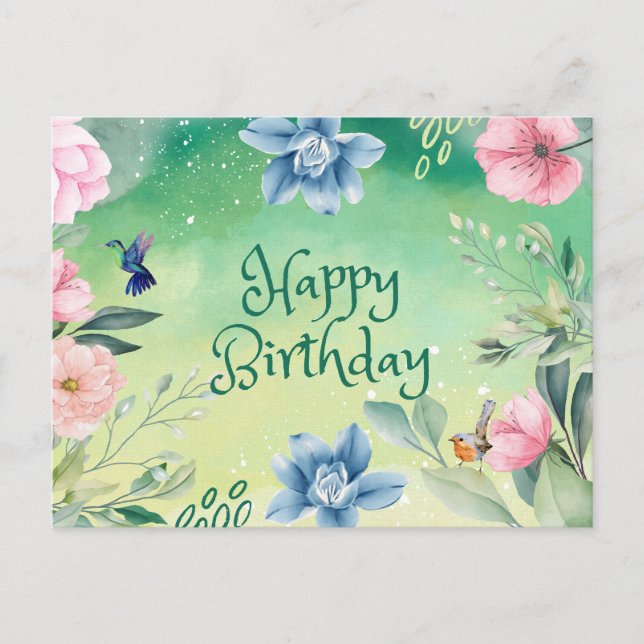 Carte Postale Joyeux Bleu d'anniversaire, Fleurs d'aquarelle ros (Devant)