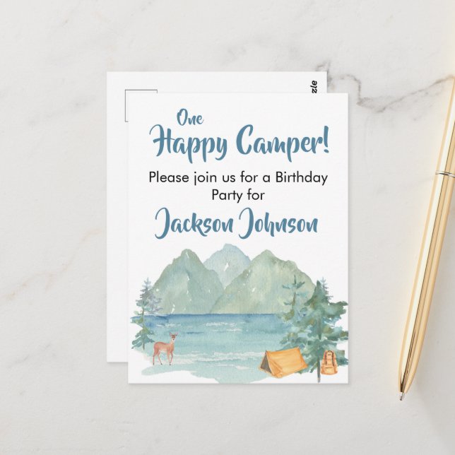 Carte Postale Joyeux Camper Rustic Mountains Aquarelle Anniversa (Devant/Arrière en situation)