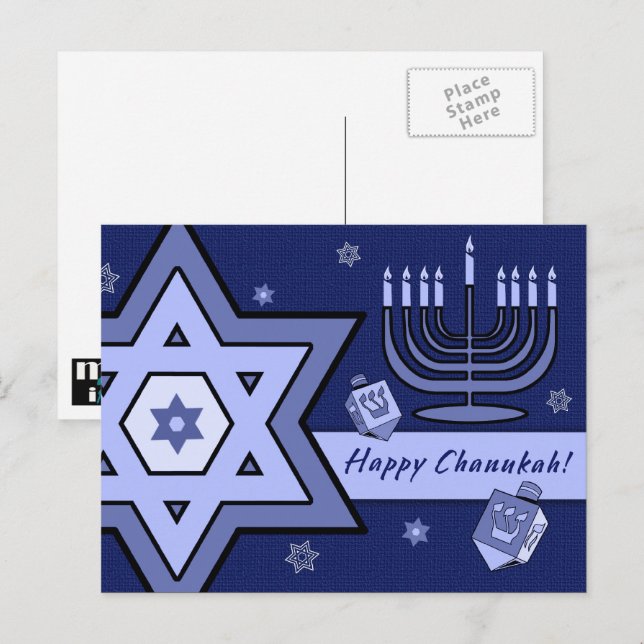 Carte Postale Joyeux Chanoukah. Étoile de David, Menorah, Dreide (Devant / Derrière)
