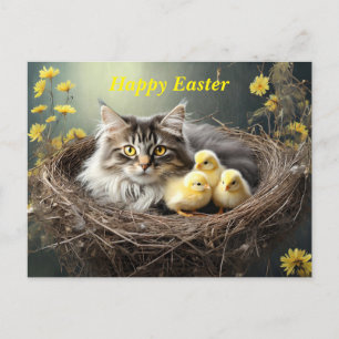 Carte Postale Joyeux Chat de Pâques avec poussins