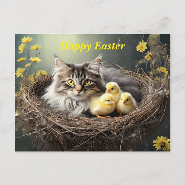 Carte Postale Joyeux Chat de Pâques avec poussins (Devant)