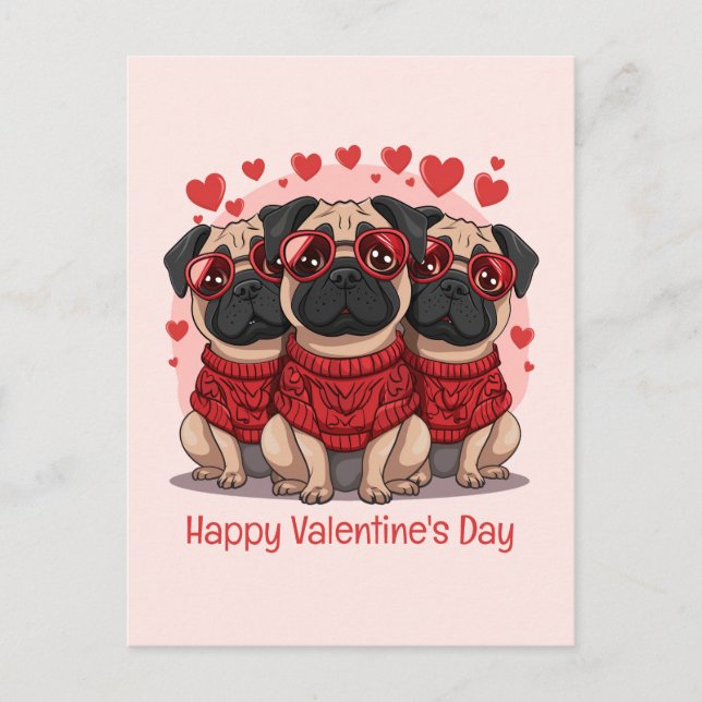 Carte Postale Joyeux Chiens de Carlin de la Saint Valentin (Devant)