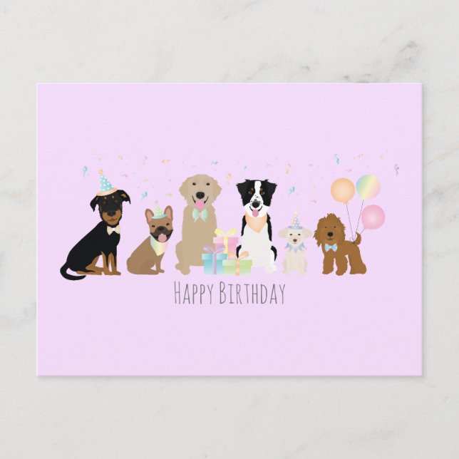 Carte Postale Joyeux Chiens de fête d'anniversaire pourpre (Devant)