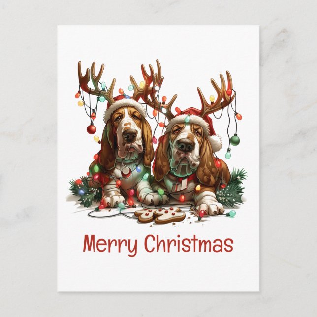 Carte Postale Joyeux Chiens de poche Basset de Noël (Devant)