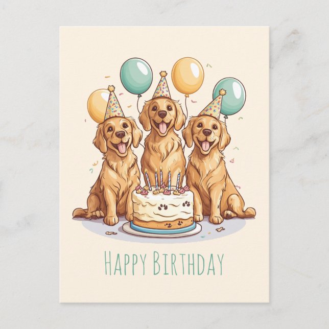 Carte Postale Joyeux Chiens d'or d'excursion d'anniversaire (Devant)
