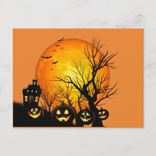 Carte Postale Joyeux Citrouilles d'Halloween et Maison hantée (Devant)